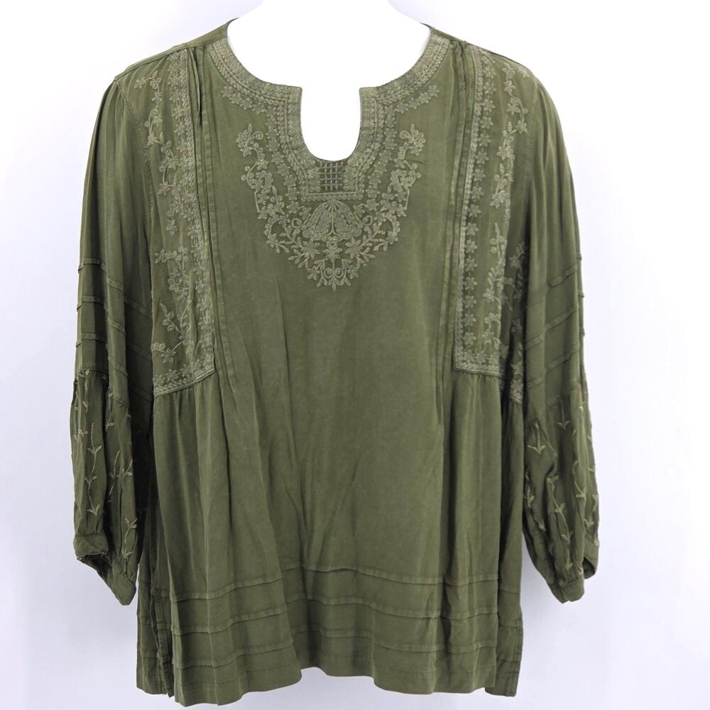 John Mark Embroidered Tunic Top Blouse Womens Size Small Green Boho Peasant